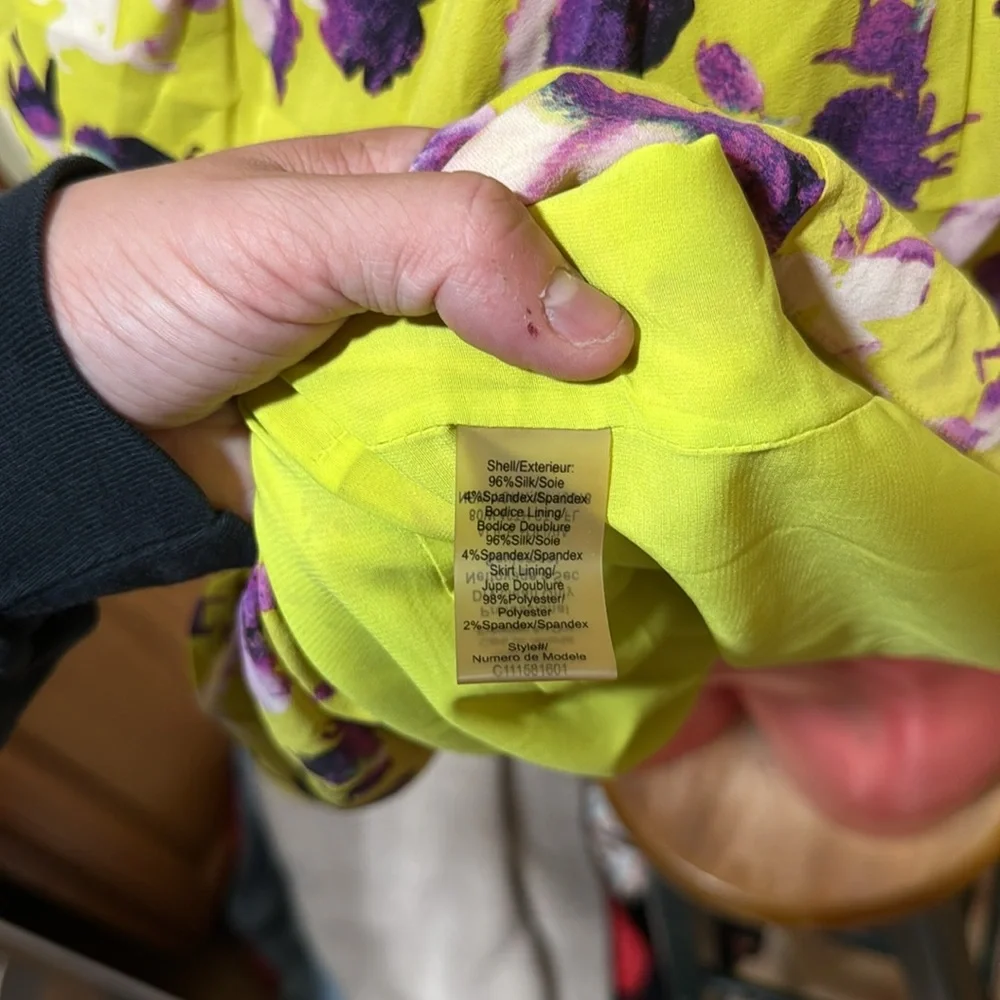 Alice + Olivia Yellow Floral silk, lined Dress with Purple Accents medium